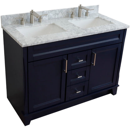 49" Double sink vanity in Blue finish with White Carrara marble and rectangle sink