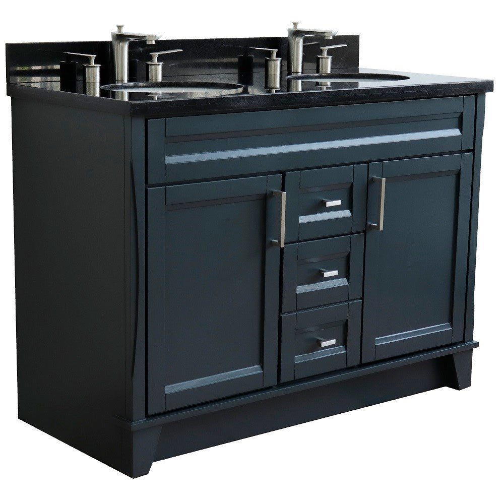 49" Double sink vanity in Dark Gray finish with Black galaxy granite and oval sink