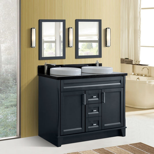 49" Double sink vanity in Dark Gray finish with Black galaxy granite and round sink