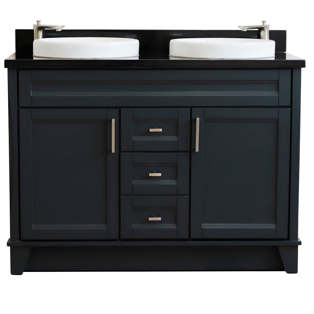 49" Double sink vanity in Dark Gray finish with Black galaxy granite and round sink