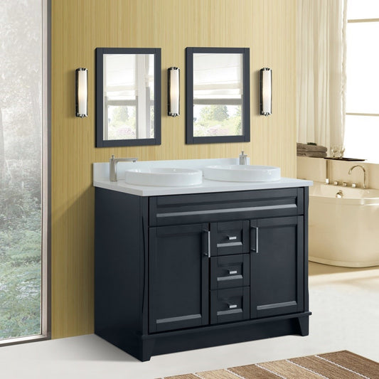49" Double sink vanity in Dark Gray finish with White engineered stone and round sink