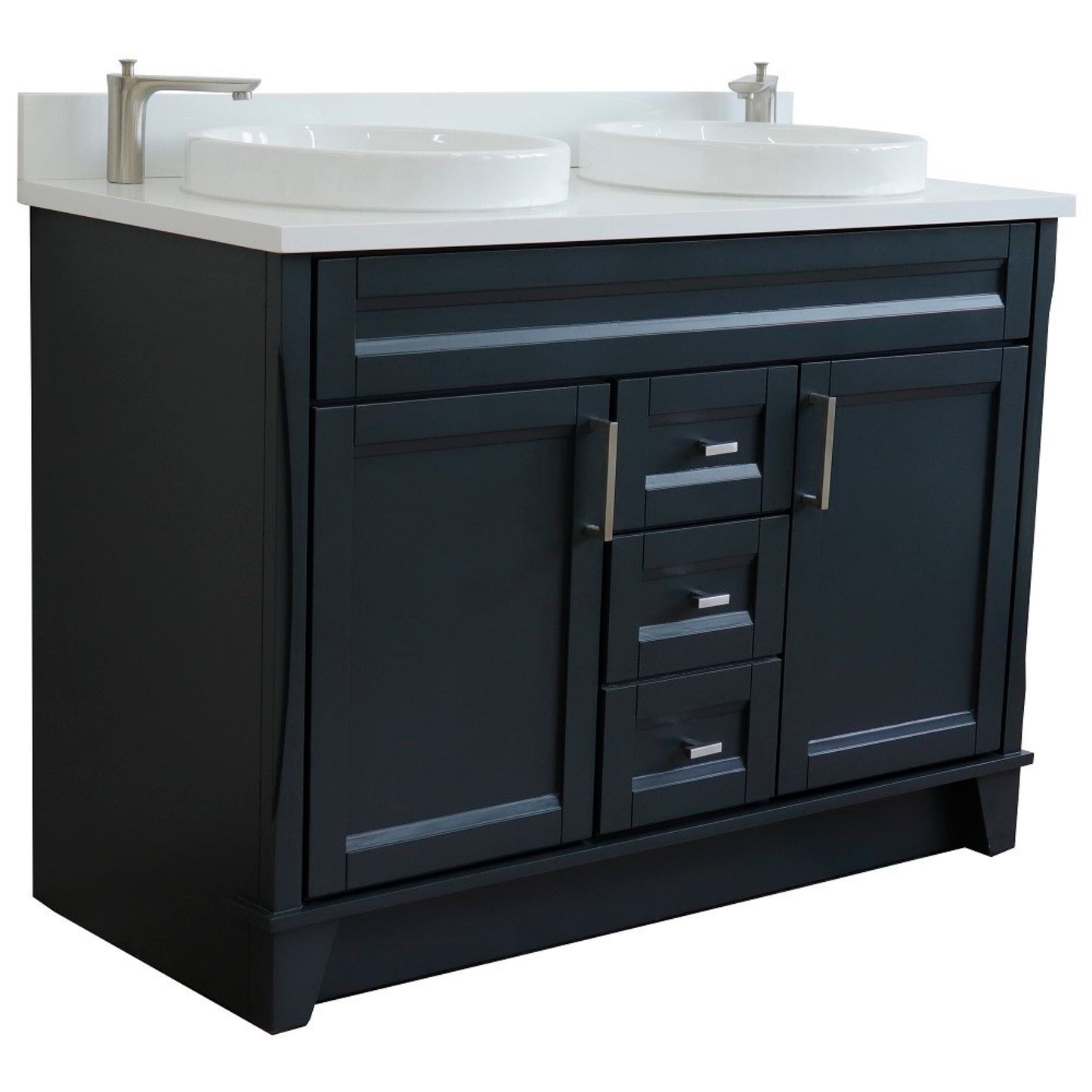 49" Double sink vanity in Dark Gray finish with White engineered stone and round sink