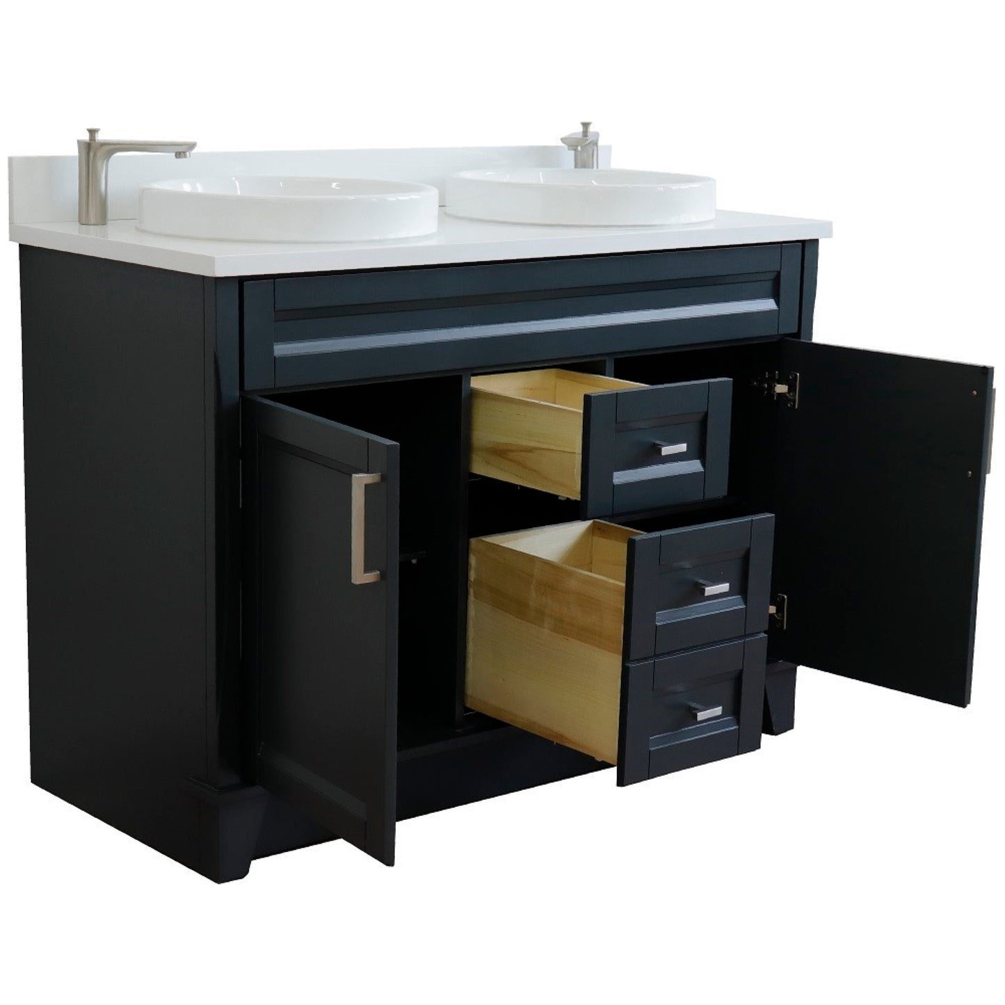 49" Double sink vanity in Dark Gray finish with White engineered stone and round sink