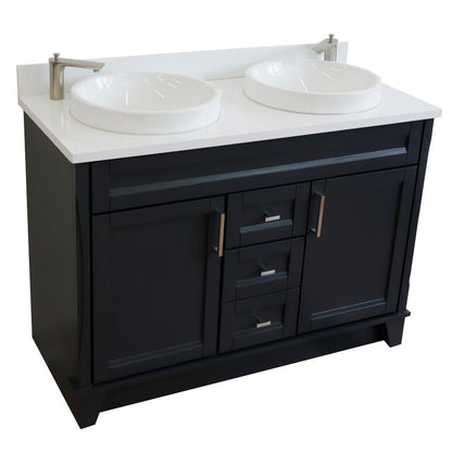 49" Double sink vanity in Dark Gray finish with White engineered stone and round sink