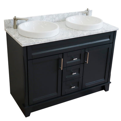 49" Double sink vanity in Dark Gray finish with White Carrara marble and round sink