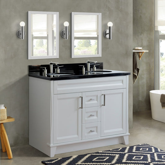 49" Double sink vanity in White finish with Black galaxy granite and oval sink