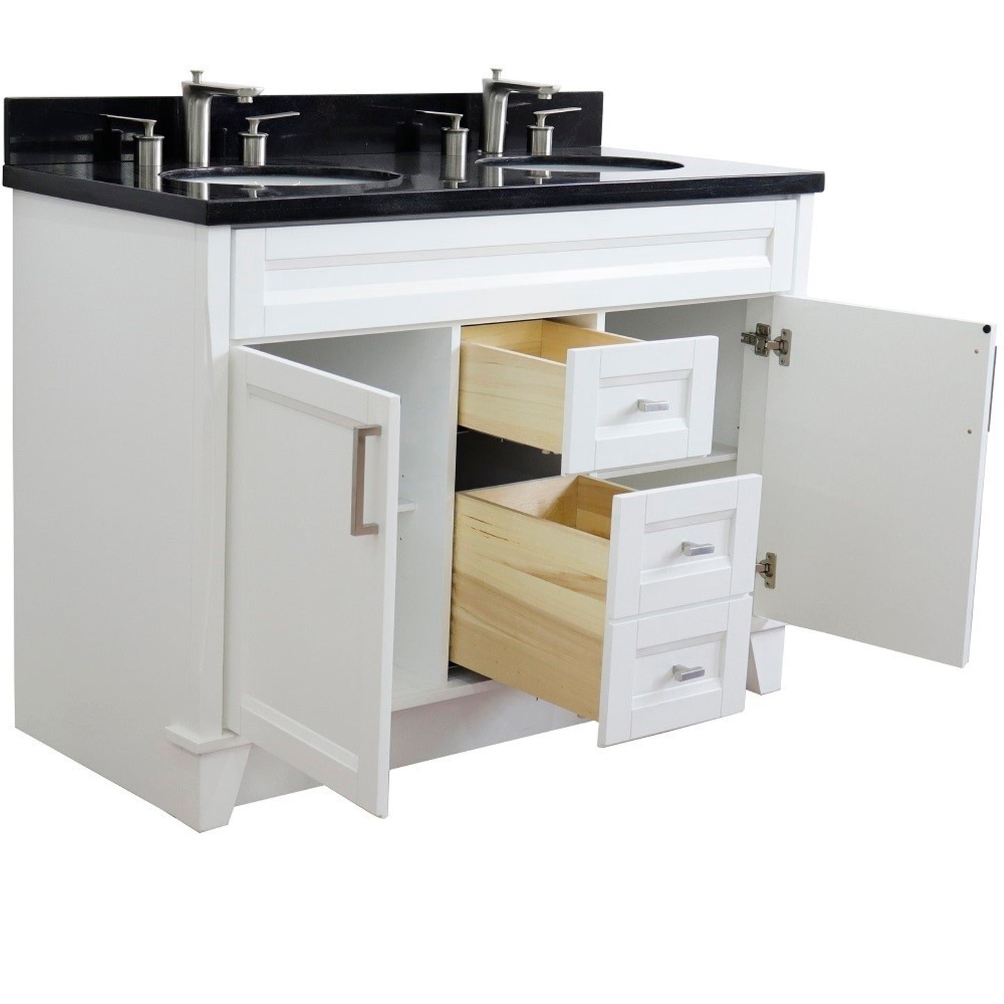 49" Double sink vanity in White finish with Black galaxy granite and oval sink