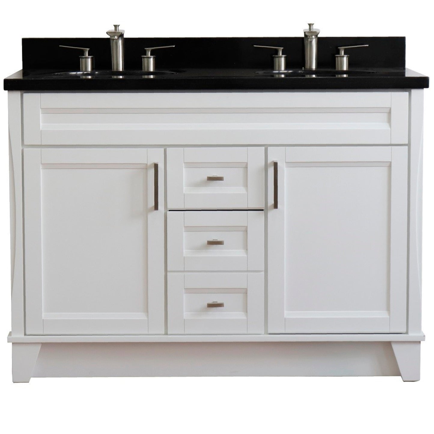 49" Double sink vanity in White finish with Black galaxy granite and oval sink