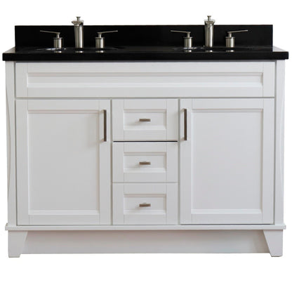 49" Double sink vanity in White finish with Black galaxy granite and oval sink