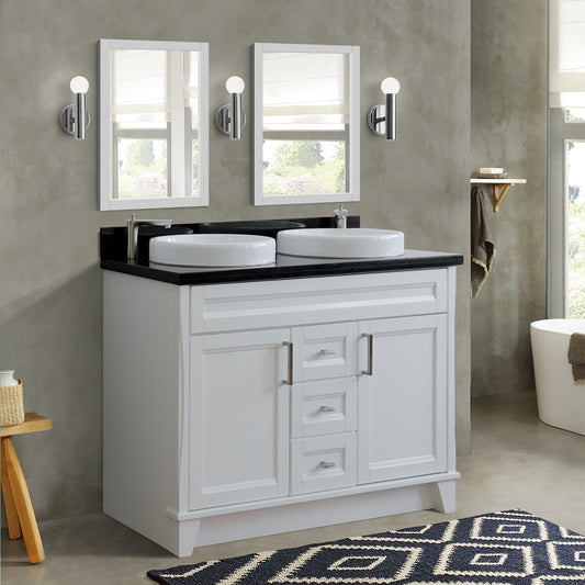 49" Double sink vanity in White finish with Black galaxy granite and round sink