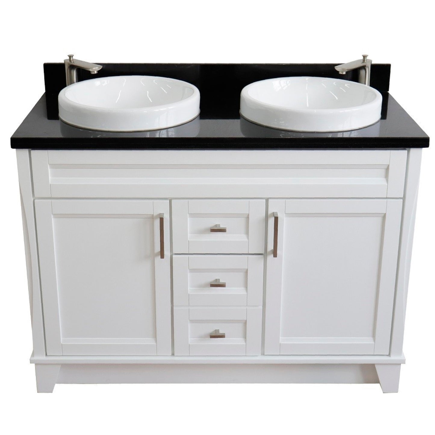 49" Double sink vanity in White finish with Black galaxy granite and round sink