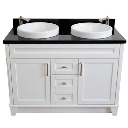 49" Double sink vanity in White finish with Black galaxy granite and round sink