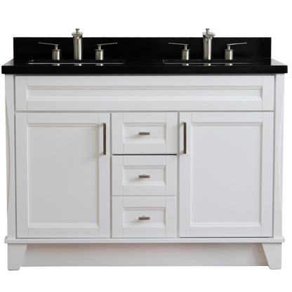 49" Double sink vanity in White finish with Black galaxy granite and rectangle sink