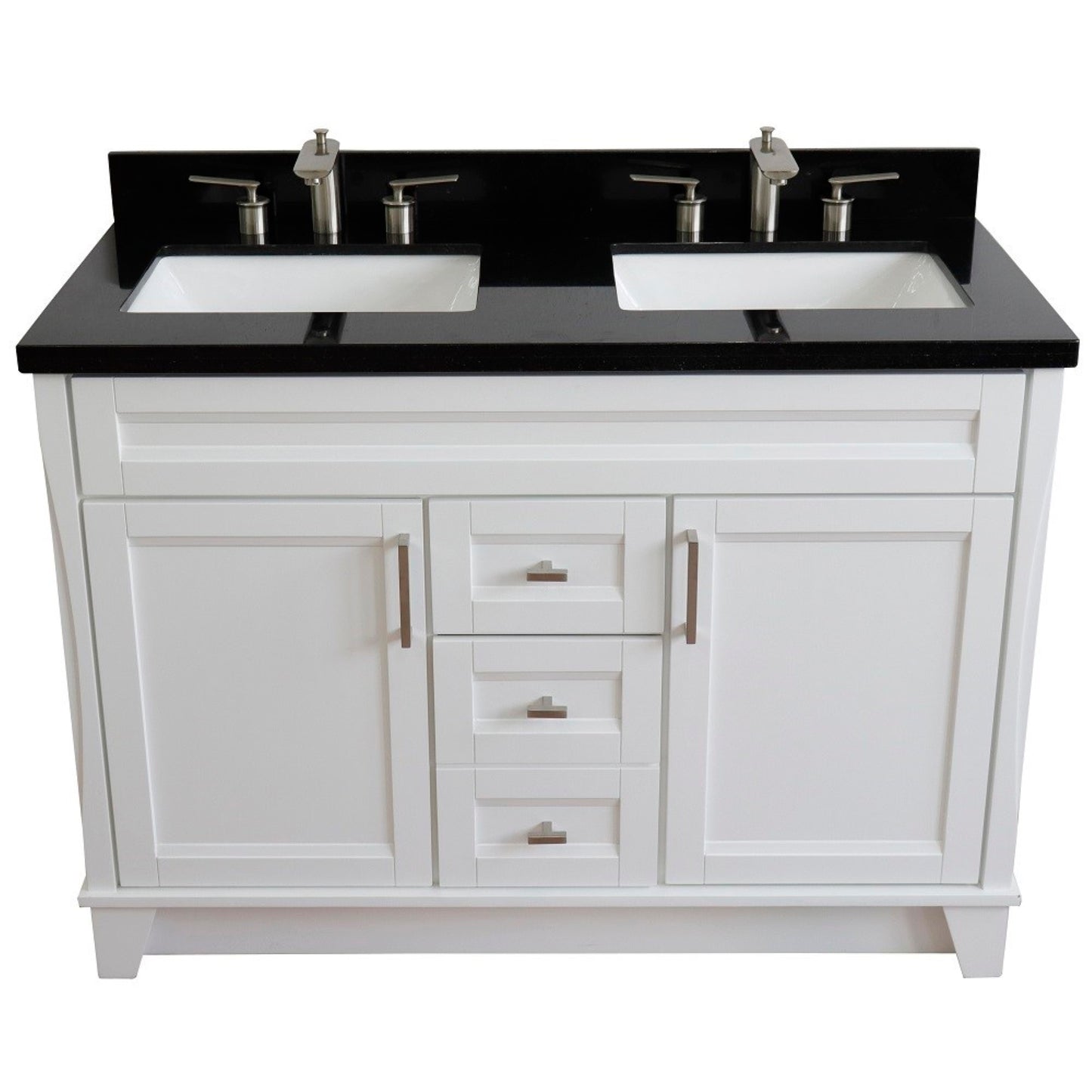 49" Double sink vanity in White finish with Black galaxy granite and rectangle sink