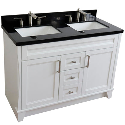 49" Double sink vanity in White finish with Black galaxy granite and rectangle sink
