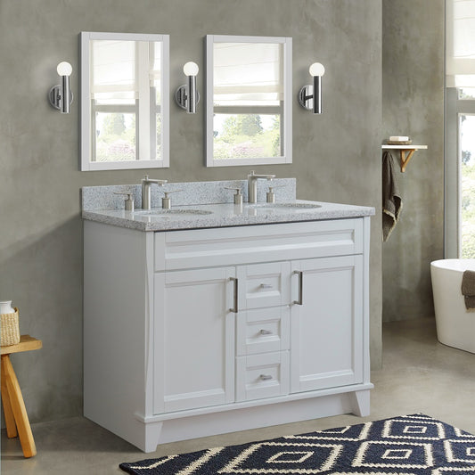 49" Double sink vanity in White finish with Gray granite and oval sink