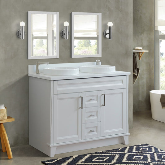 49" Double sink vanity in White finish with White engineered stone and round sink