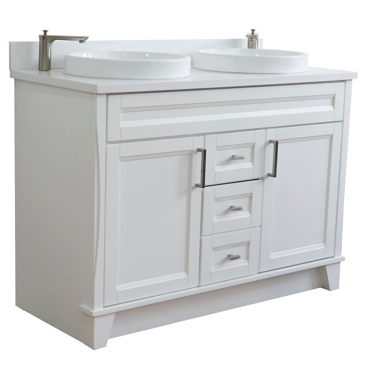 49" Double sink vanity in White finish with White engineered stone and round sink