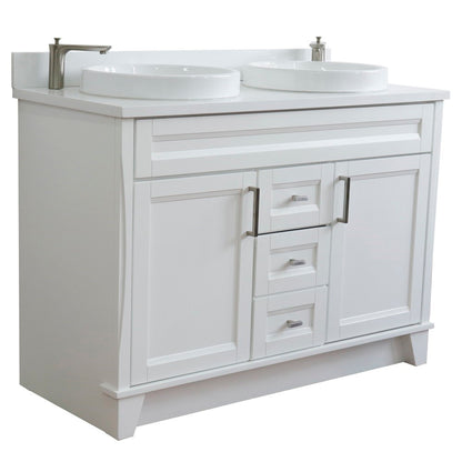 49" Double sink vanity in White finish with White engineered stone and round sink