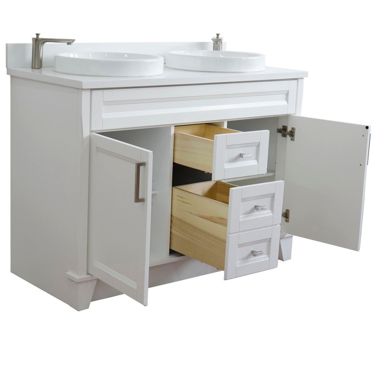 49" Double sink vanity in White finish with White engineered stone and round sink