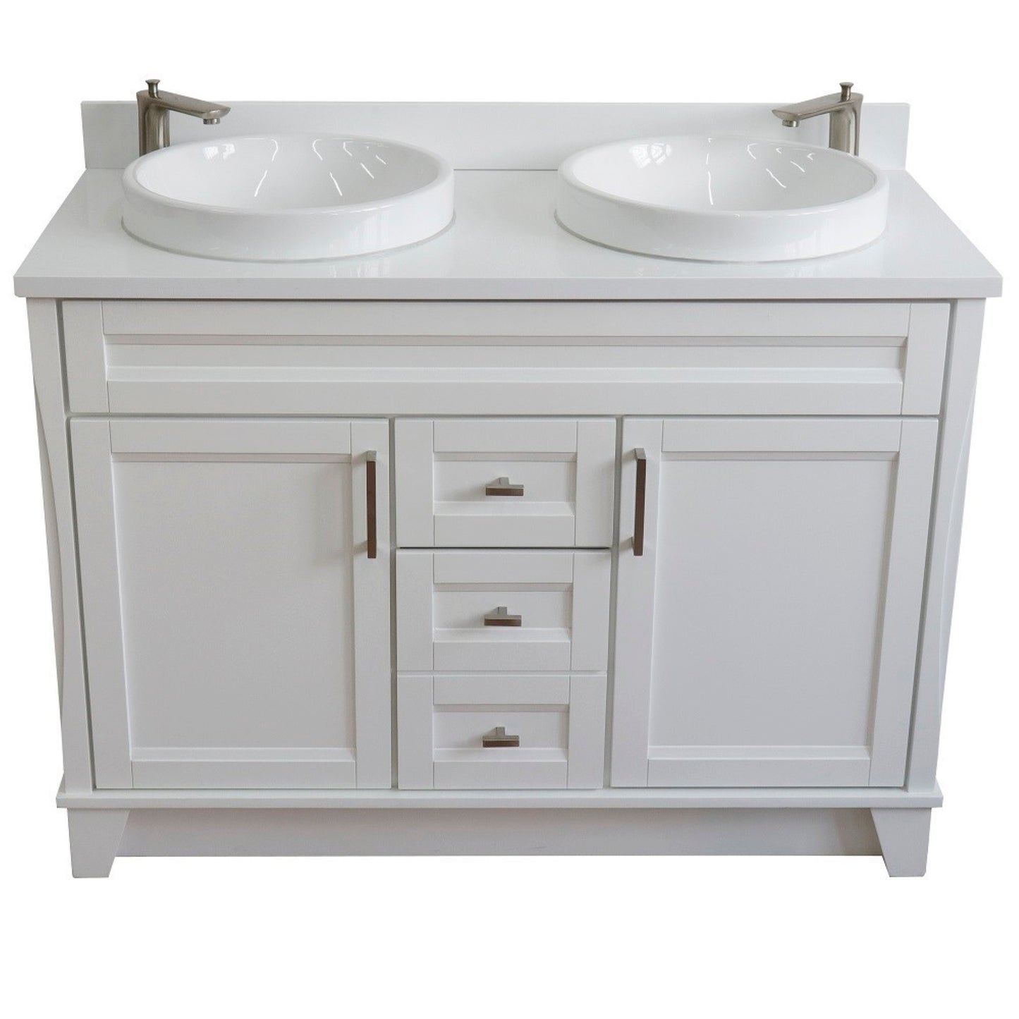 49" Double sink vanity in White finish with White engineered stone and round sink