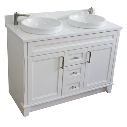 49" Double sink vanity in White finish with White engineered stone and round sink