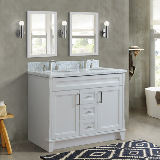 49" Double sink vanity in White finish with White Carrara marble and oval sink