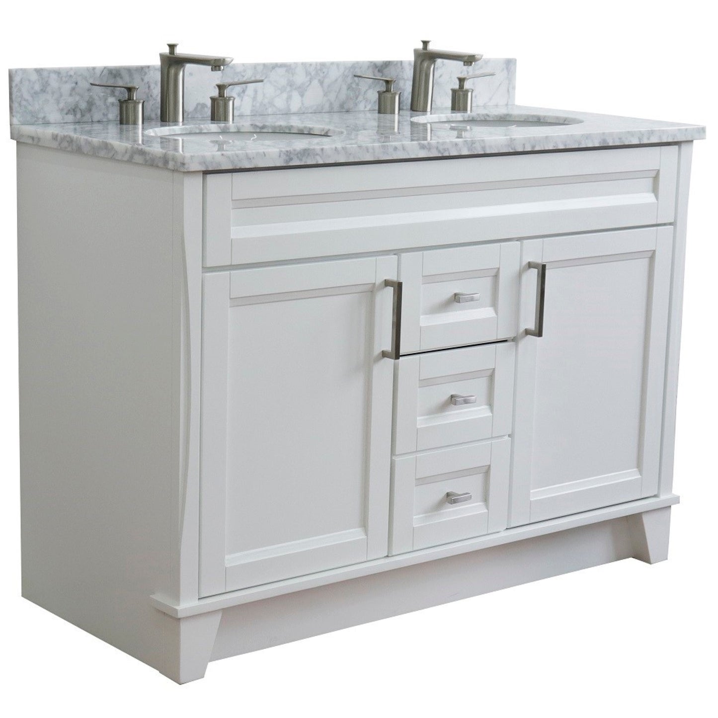 49" Double sink vanity in White finish with White Carrara marble and oval sink
