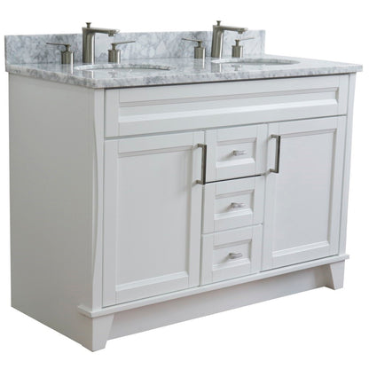 49" Double sink vanity in White finish with White Carrara marble and oval sink