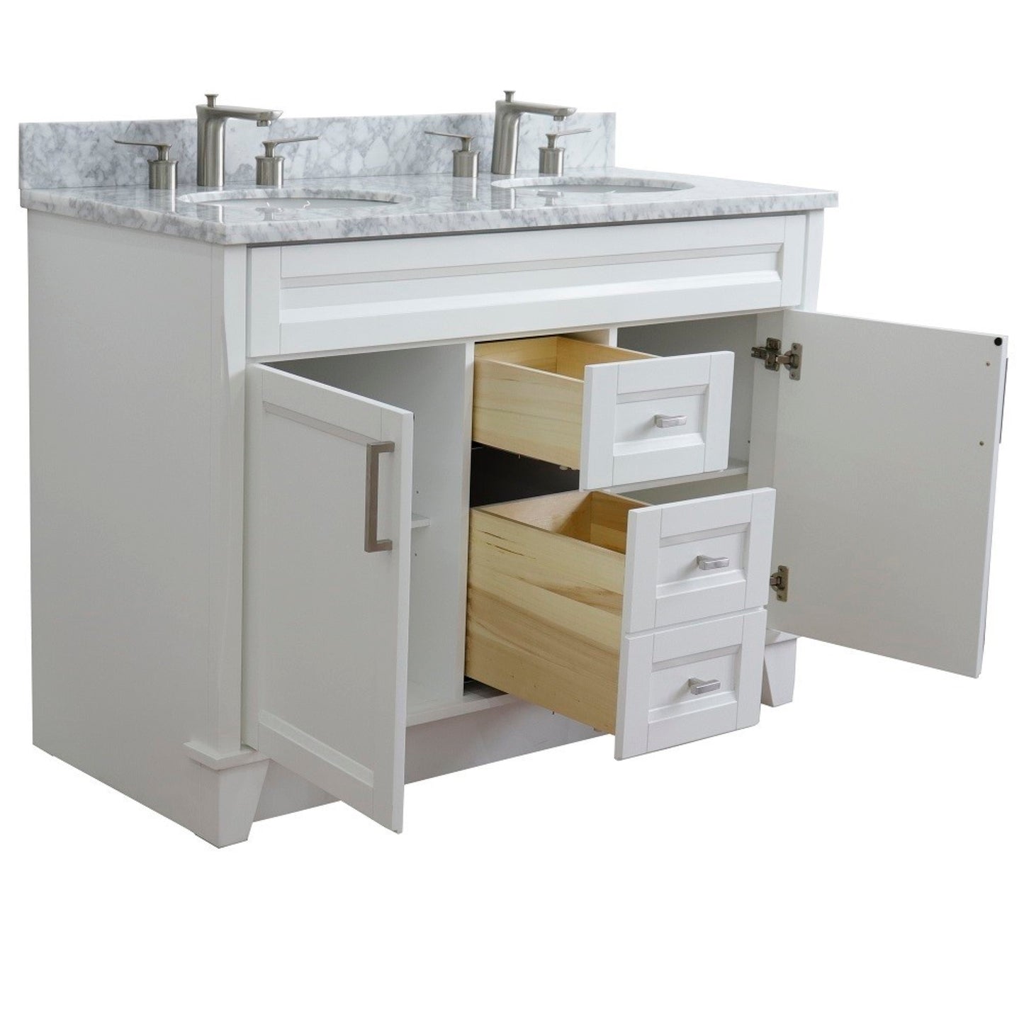 49" Double sink vanity in White finish with White Carrara marble and oval sink