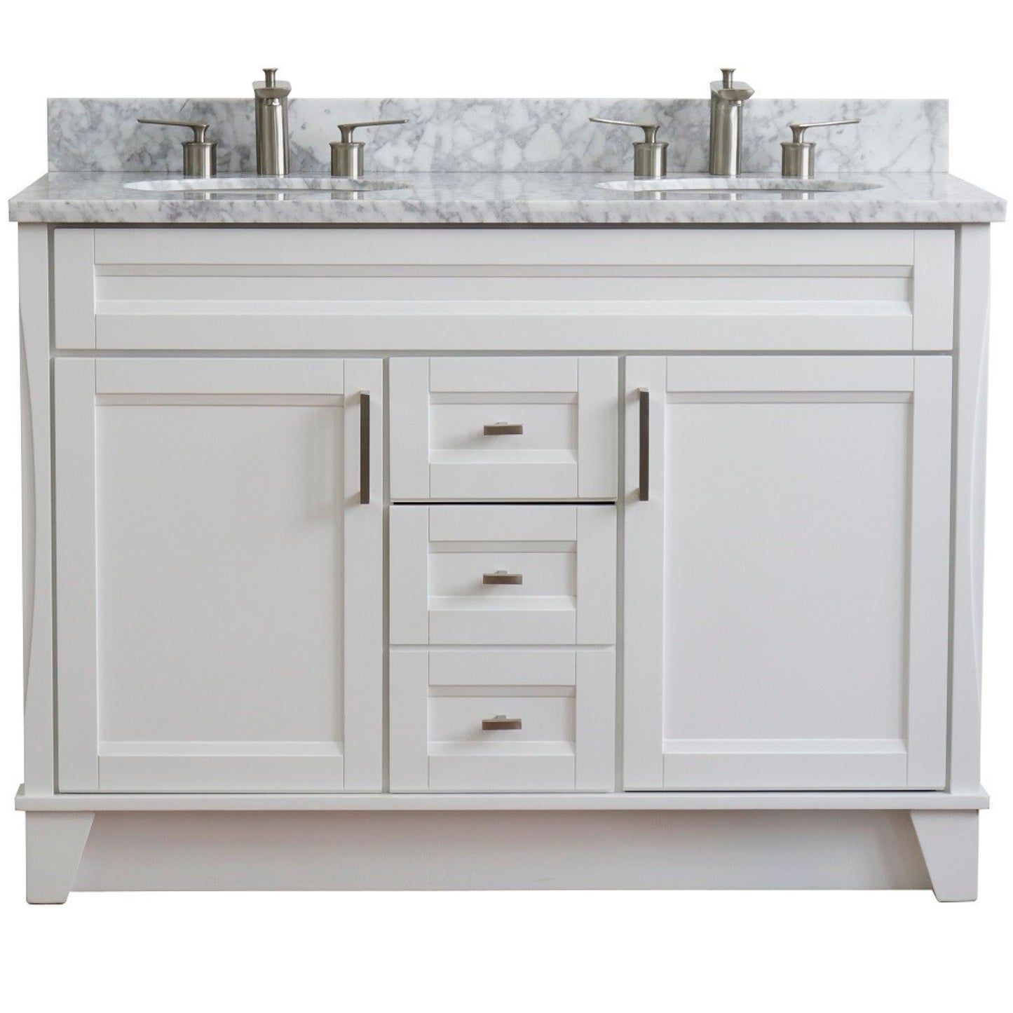 49" Double sink vanity in White finish with White Carrara marble and oval sink