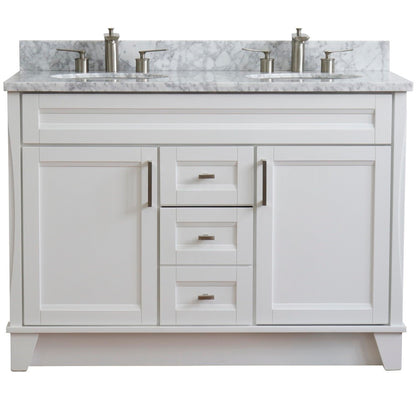 49" Double sink vanity in White finish with White Carrara marble and oval sink