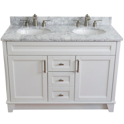 49" Double sink vanity in White finish with White Carrara marble and oval sink