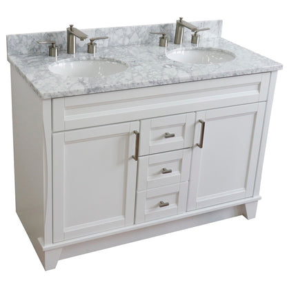 49" Double sink vanity in White finish with White Carrara marble and oval sink
