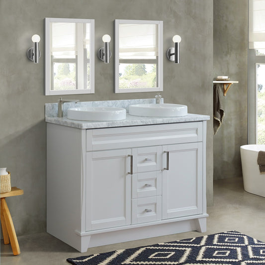 49" Double sink vanity in White finish with White Carrara marble and round sink