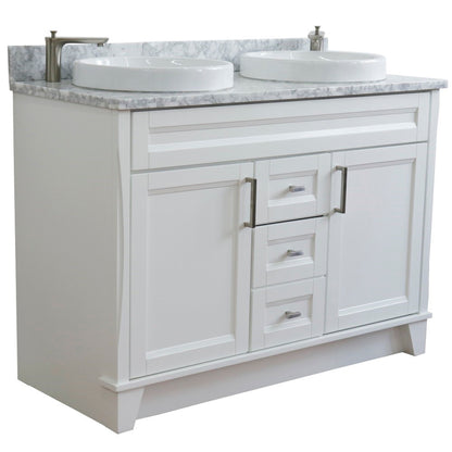 49" Double sink vanity in White finish with White Carrara marble and round sink