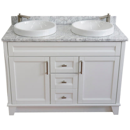 49" Double sink vanity in White finish with White Carrara marble and round sink