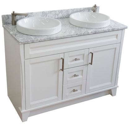 49" Double sink vanity in White finish with White Carrara marble and round sink