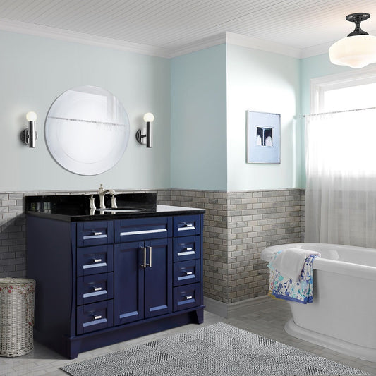 49" Single sink vanity in Blue finish with Black galaxy granite and oval sink