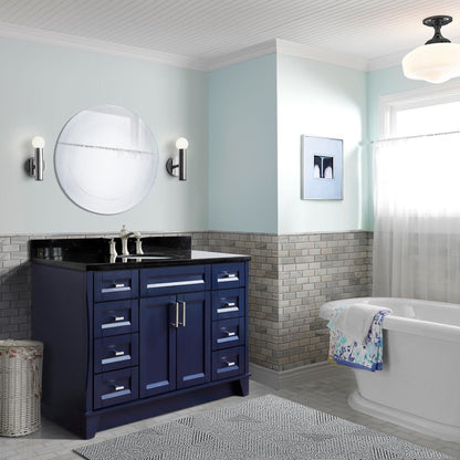 49" Single sink vanity in Blue finish with Black galaxy granite and oval sink