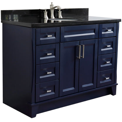 49" Single sink vanity in Blue finish with Black galaxy granite and oval sink