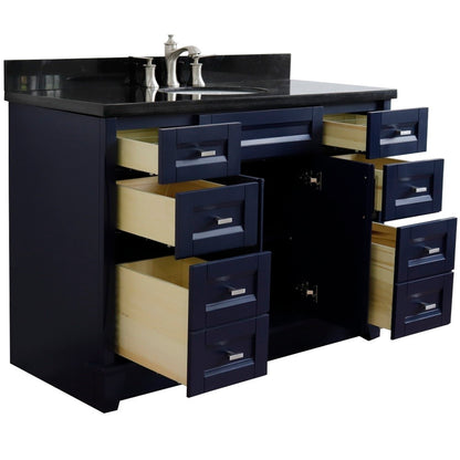 49" Single sink vanity in Blue finish with Black galaxy granite and oval sink