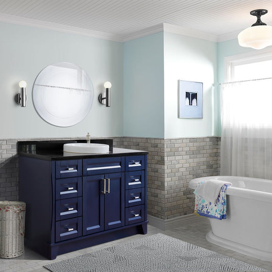 49" Single sink vanity in Blue finish with Black galaxy granite and round sink