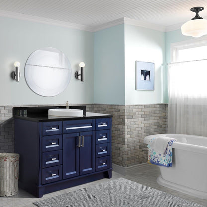 49" Single sink vanity in Blue finish with Black galaxy granite and round sink
