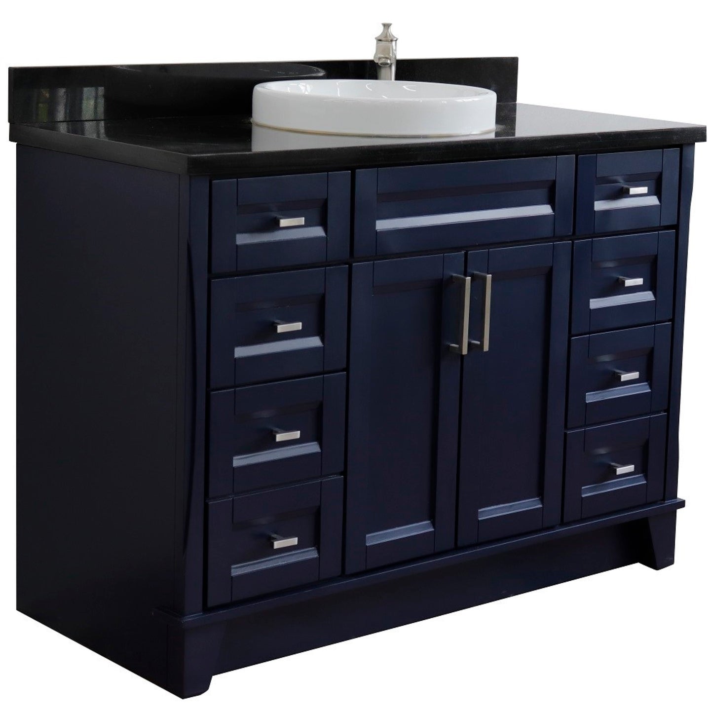 49" Single sink vanity in Blue finish with Black galaxy granite and round sink