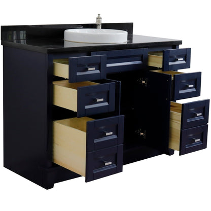 49" Single sink vanity in Blue finish with Black galaxy granite and round sink