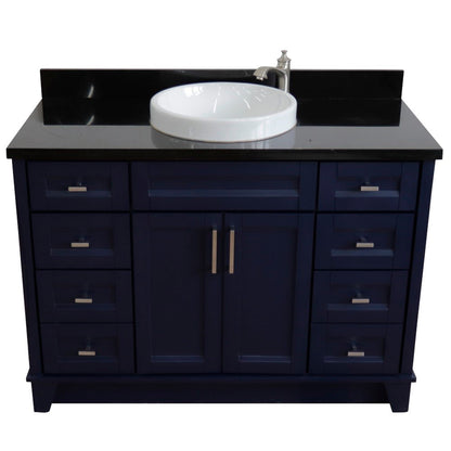 49" Single sink vanity in Blue finish with Black galaxy granite and round sink