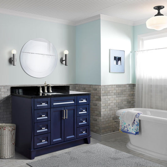 49" Single sink vanity in Blue finish with Black galaxy granite and rectangle sink