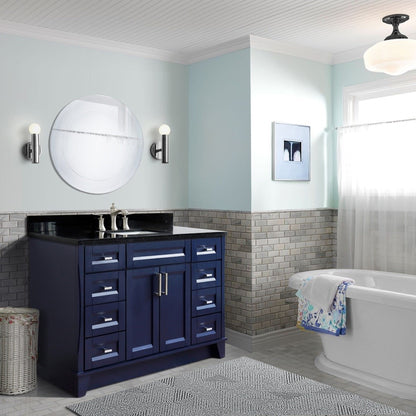 49" Single sink vanity in Blue finish with Black galaxy granite and rectangle sink