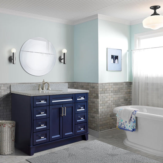 49" Single sink vanity in Blue finish with Gray granite and oval sink